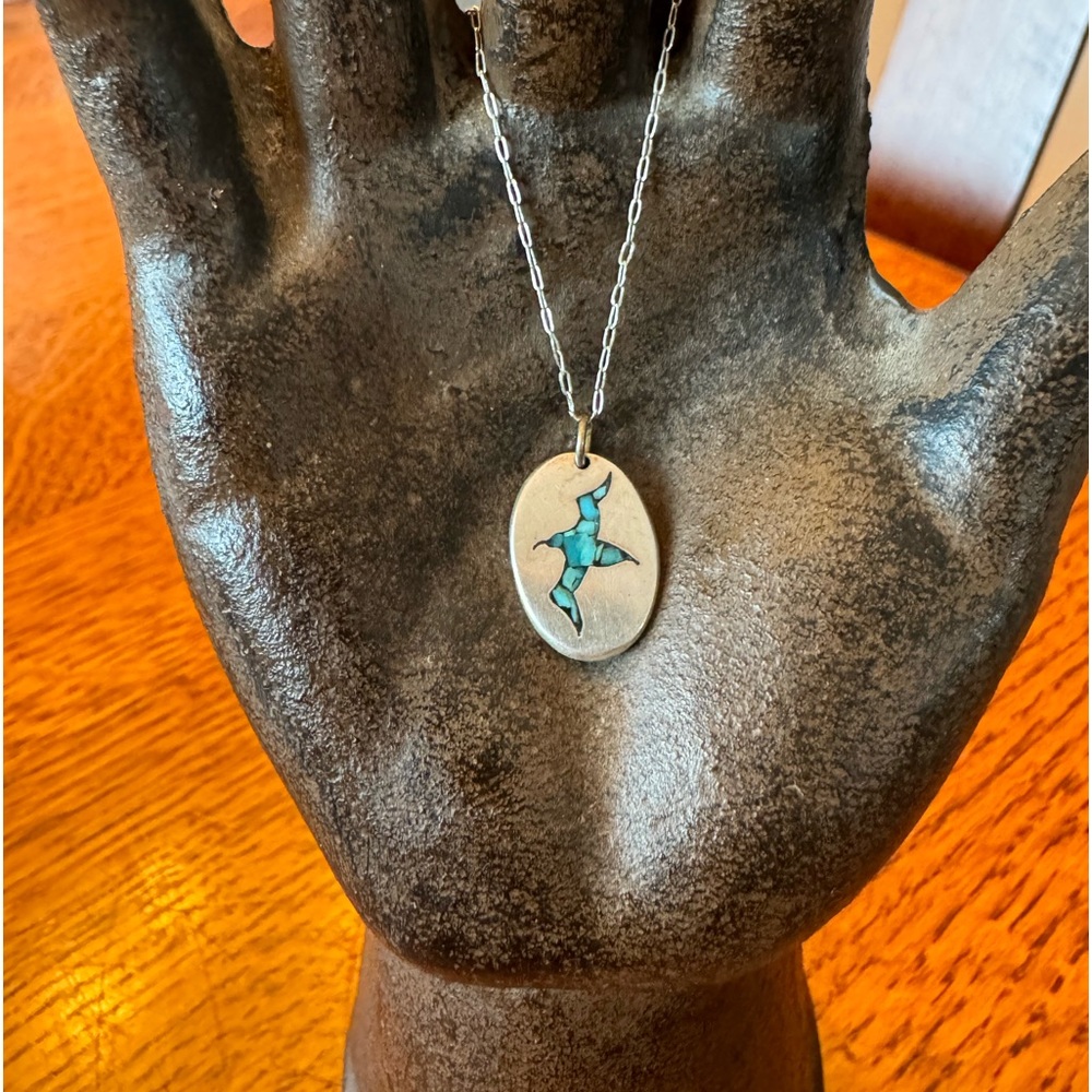 Sterling, silver chain with sterling, silver and turquoise pendant